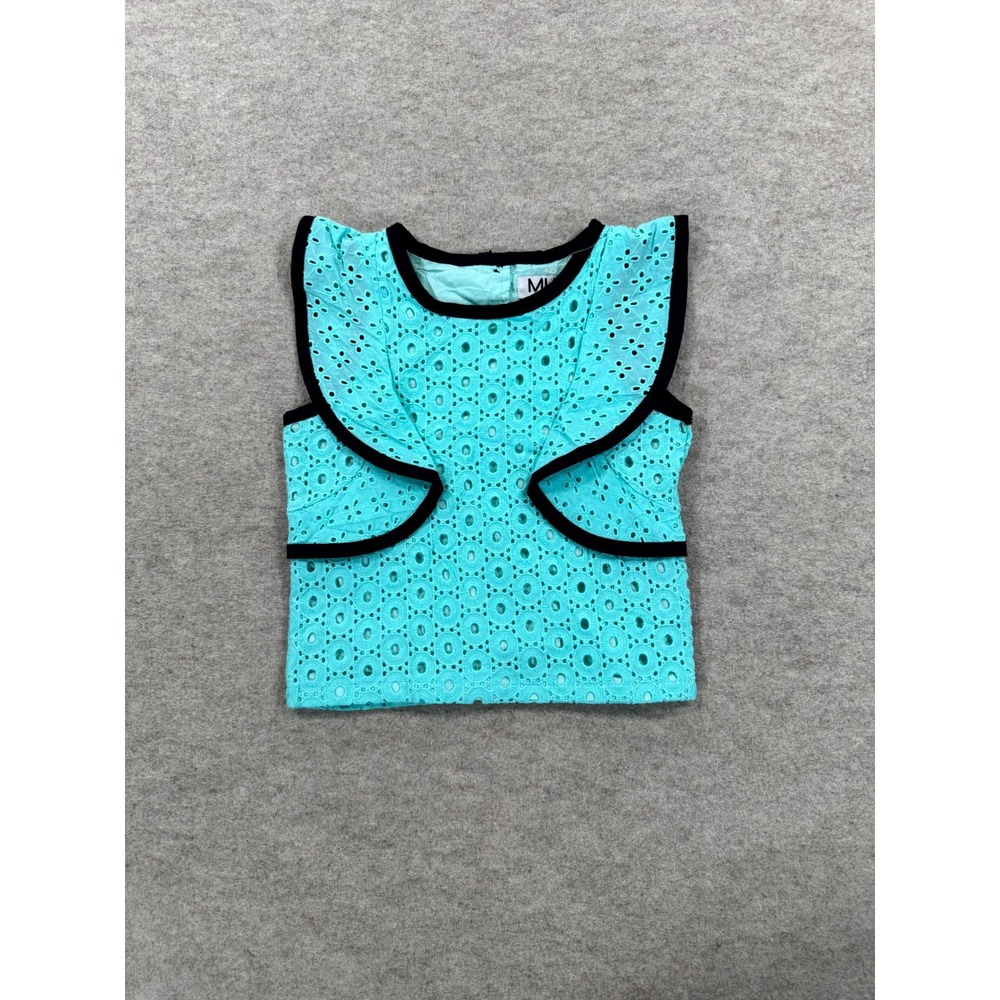 Mia New York Girls 4 Blue Eyelet Embroidered Ruffle Trim Cropped Blouse Top